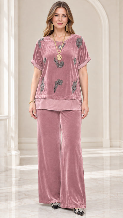 Full front view of model wearing Dusty Pink beaded velvet top and wide leg pants set