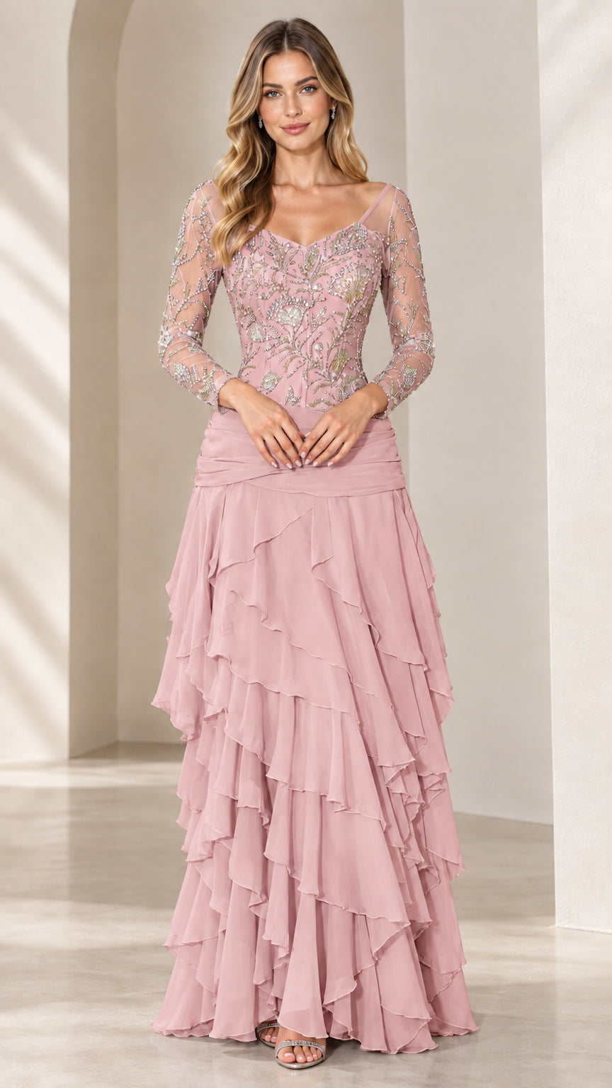 Front view of Dusty Rose beaded bodice evening dress with layered ruffle skirt