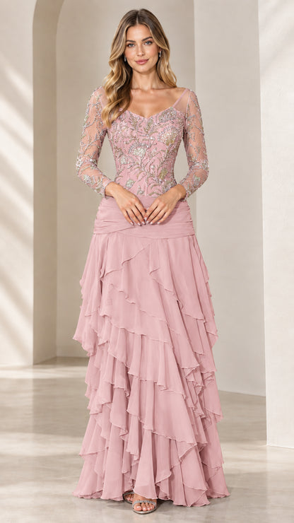 Front view of Dusty Rose beaded bodice evening dress with layered ruffle skirt