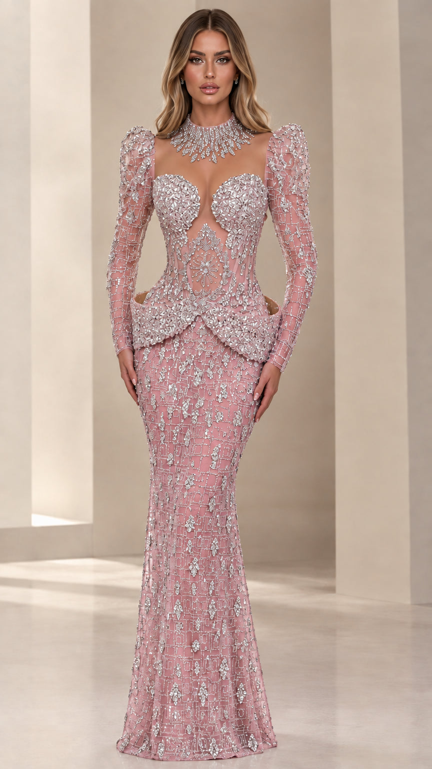 Blush pink crystal beaded long sleeve formal gown with peplum waist