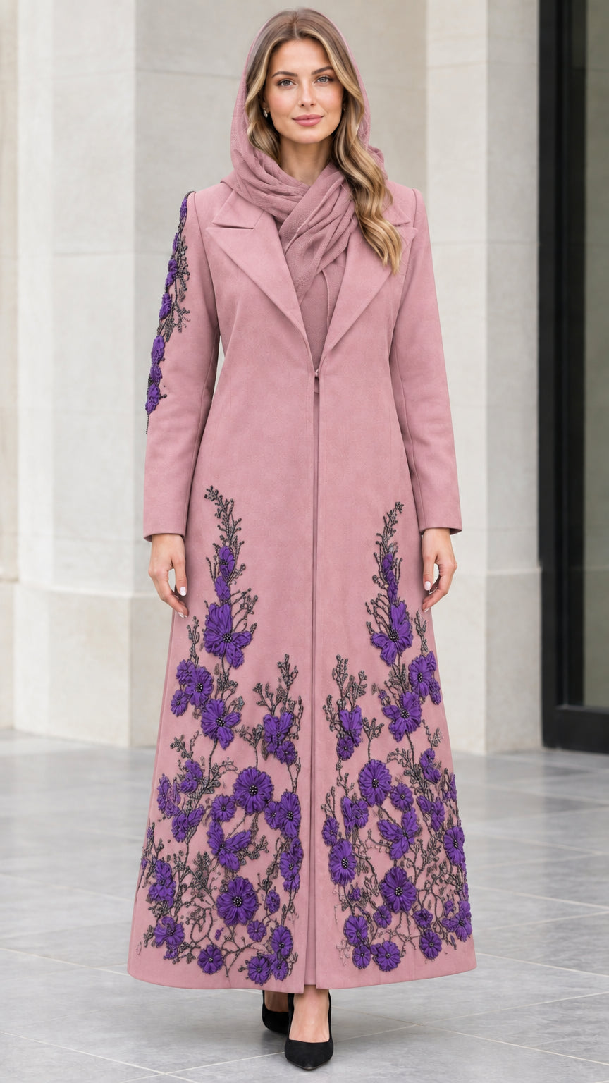 Dusty Rose maxi coat with purple floral beadwork and matching scarf