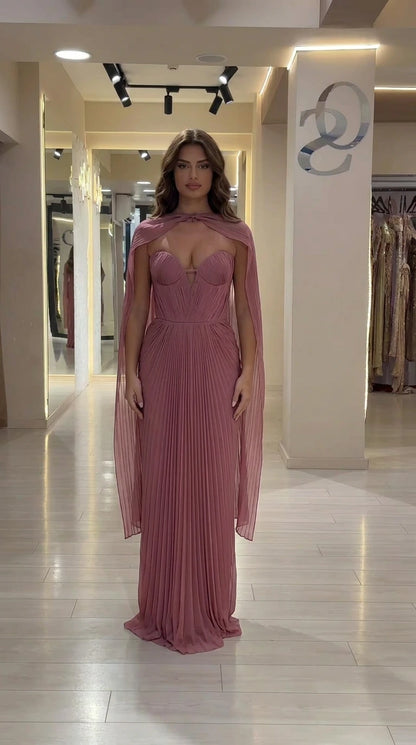 Dusty Rose Pleated Sweetheart Formal Cape Gown