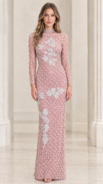 Front view of blush pink beaded long sleeve formal dress with floral embroidery