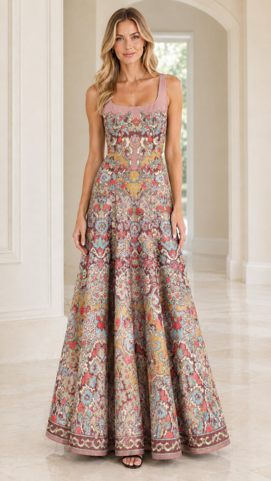 Front view of woman wearing dusty rose pink tapestry print sleeveless floor length gown