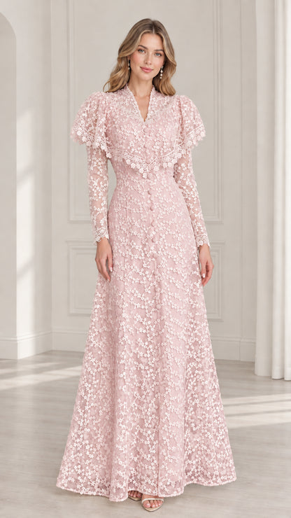 Blush pink lace A-line maxi gown with capelet sleeve overlay