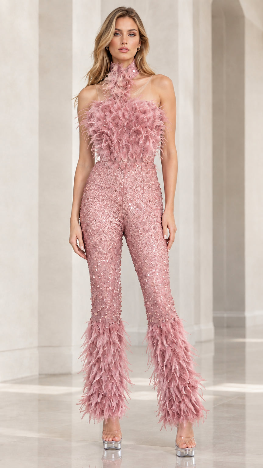 Blush pink feather bodice halter sequin jumpsuit full front view