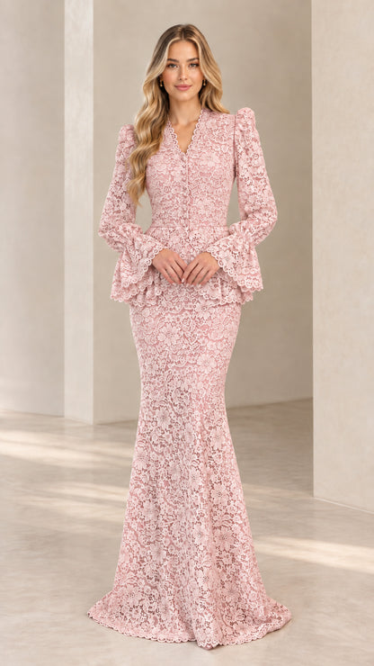 Full-length front view of dusty pink lace peplum mermaid formal dress