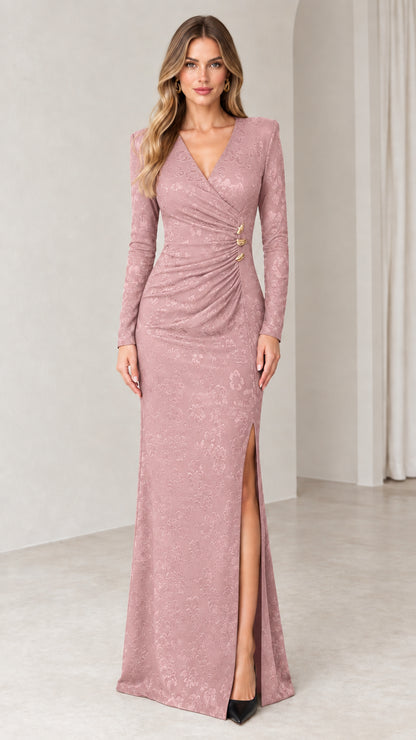 Front full view of woman wearing dusty rose long sleeve ruched jacquard evening dress