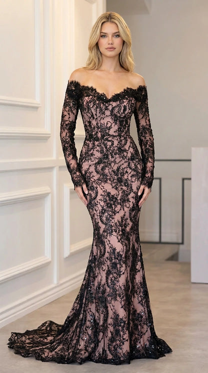 Off-shoulder black sequin lace evening gown with dusty rose lining