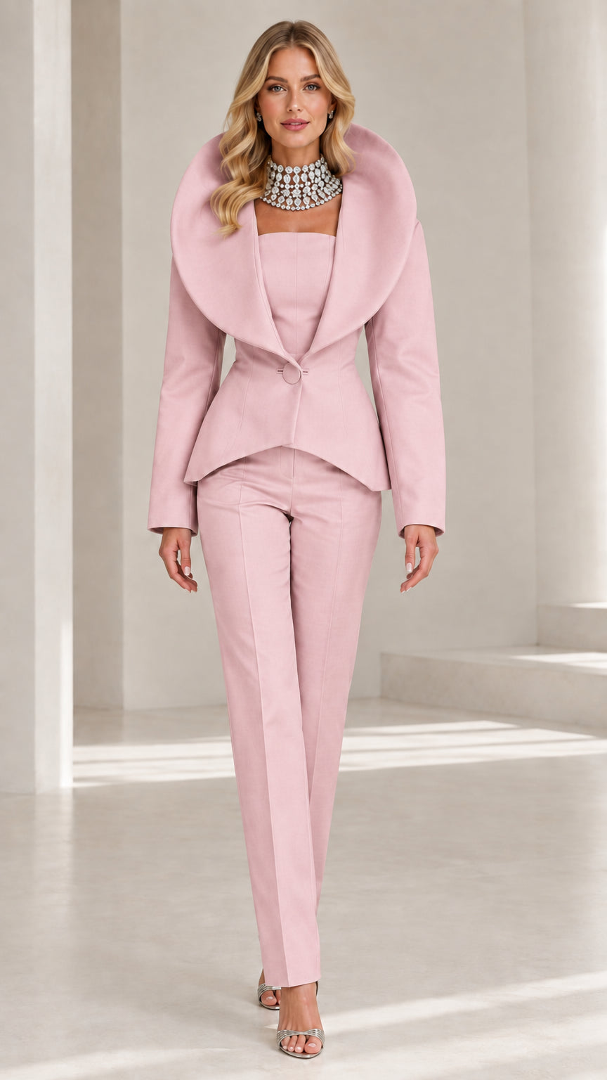 Front view of model wearing elegant Blush Pink tailored portrait collar suit set