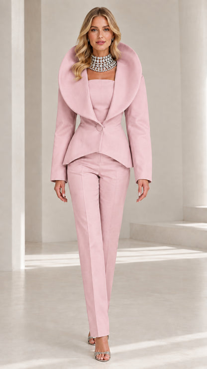 Front view of model wearing elegant Blush Pink tailored portrait collar suit set