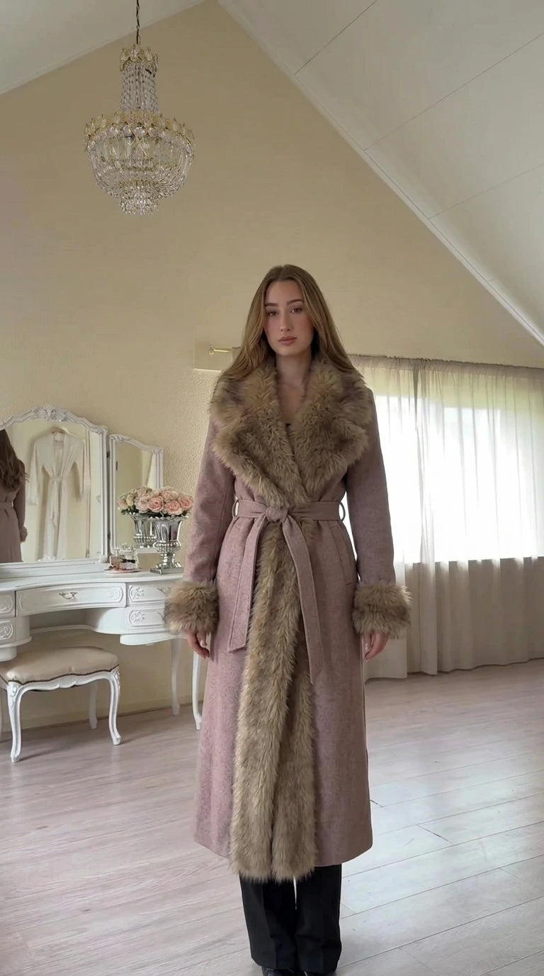 Front view of model wearing Dusty Pink faux fur trim belted long coat
