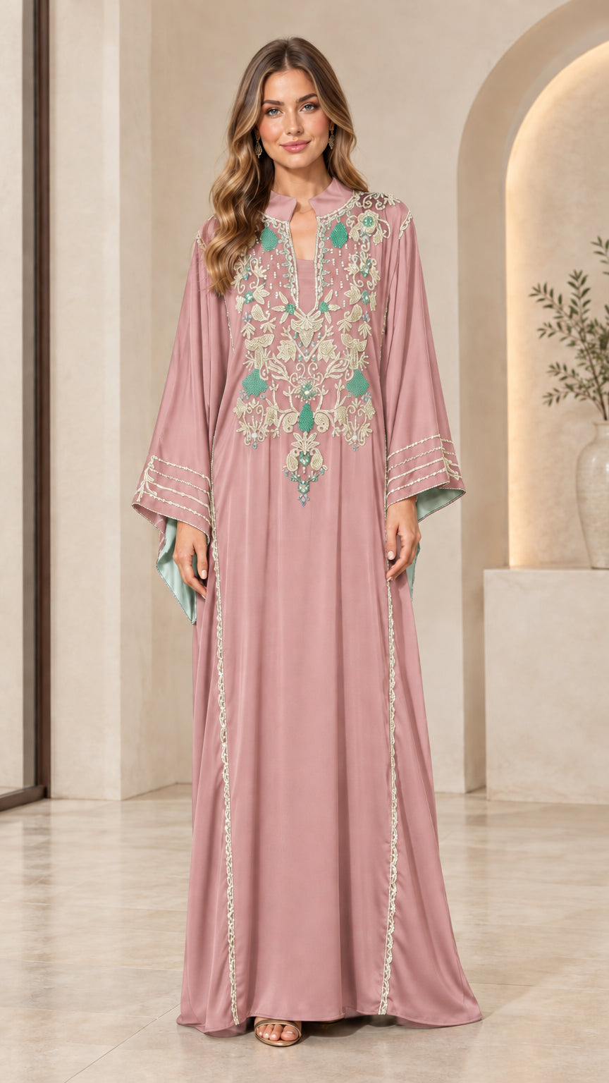 Full-length view of dusty pink embroidered maxi kaftan dress