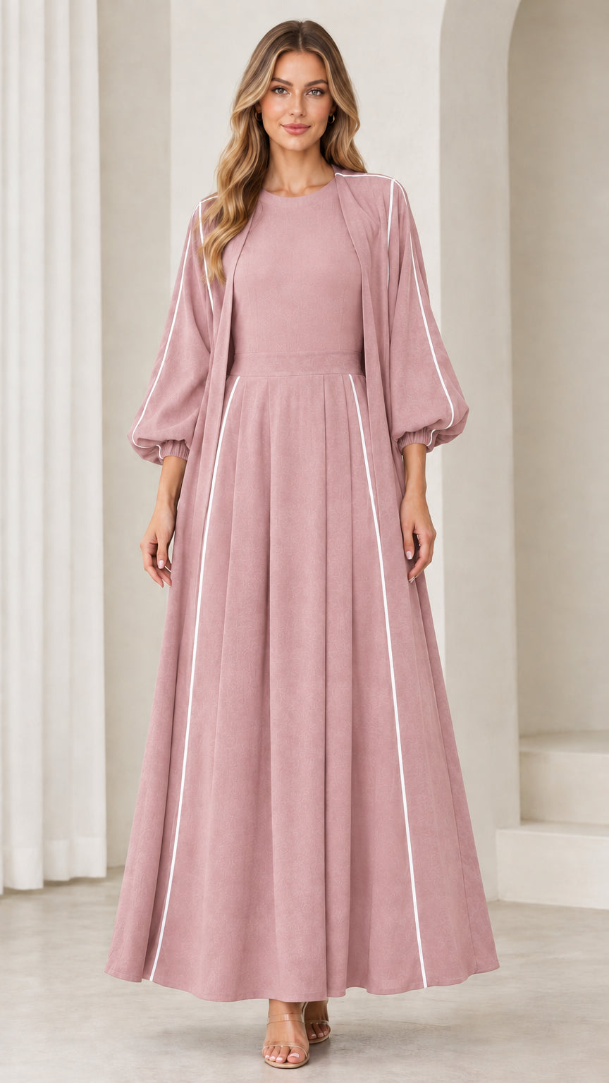Full-length front view of Dusty Pink elegant modest maxi dress with contrast piping