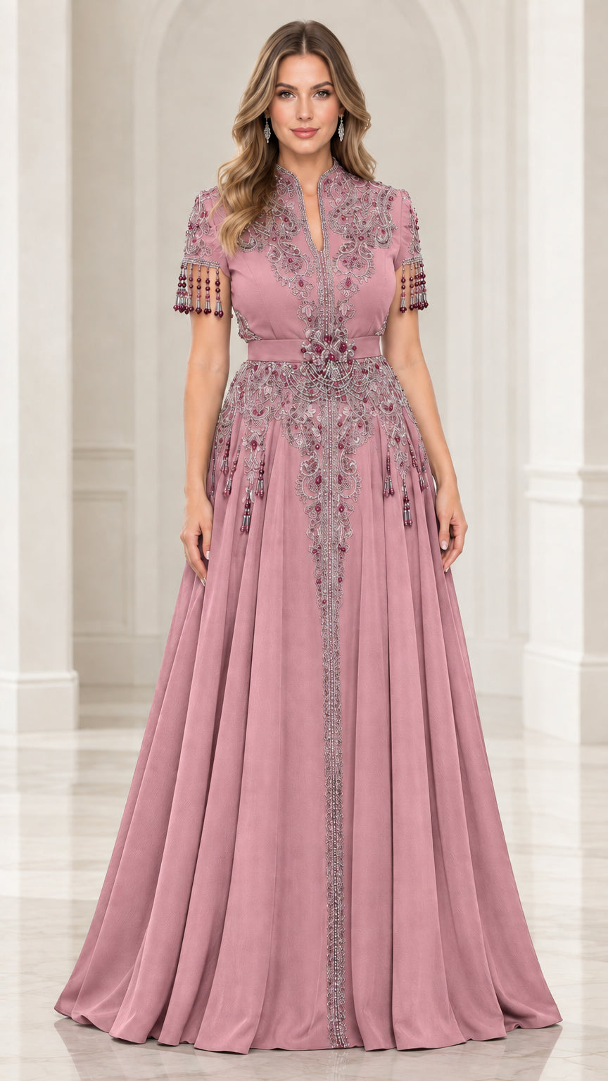 Dusty rose beaded floor-length A-line formal dress