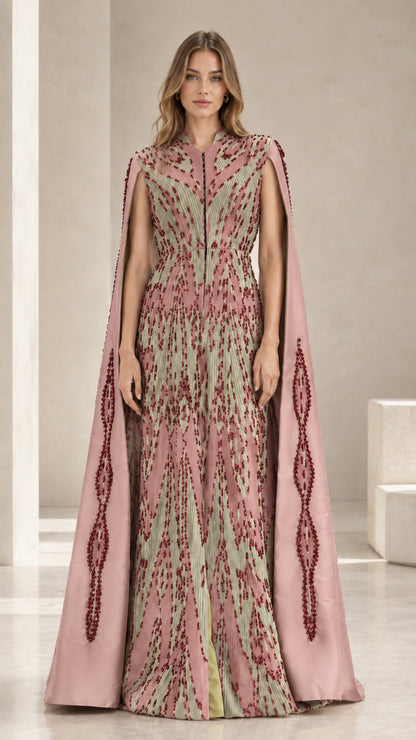 Dusty rose pink beaded cape evening maxi dress