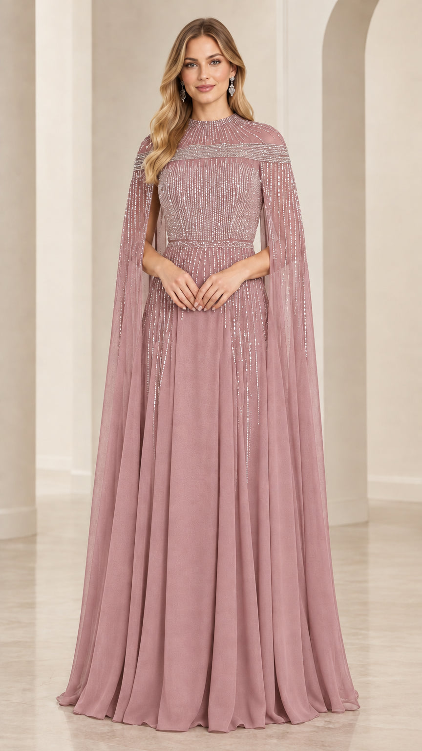 Dusty rose beaded cape sleeve maxi evening dress