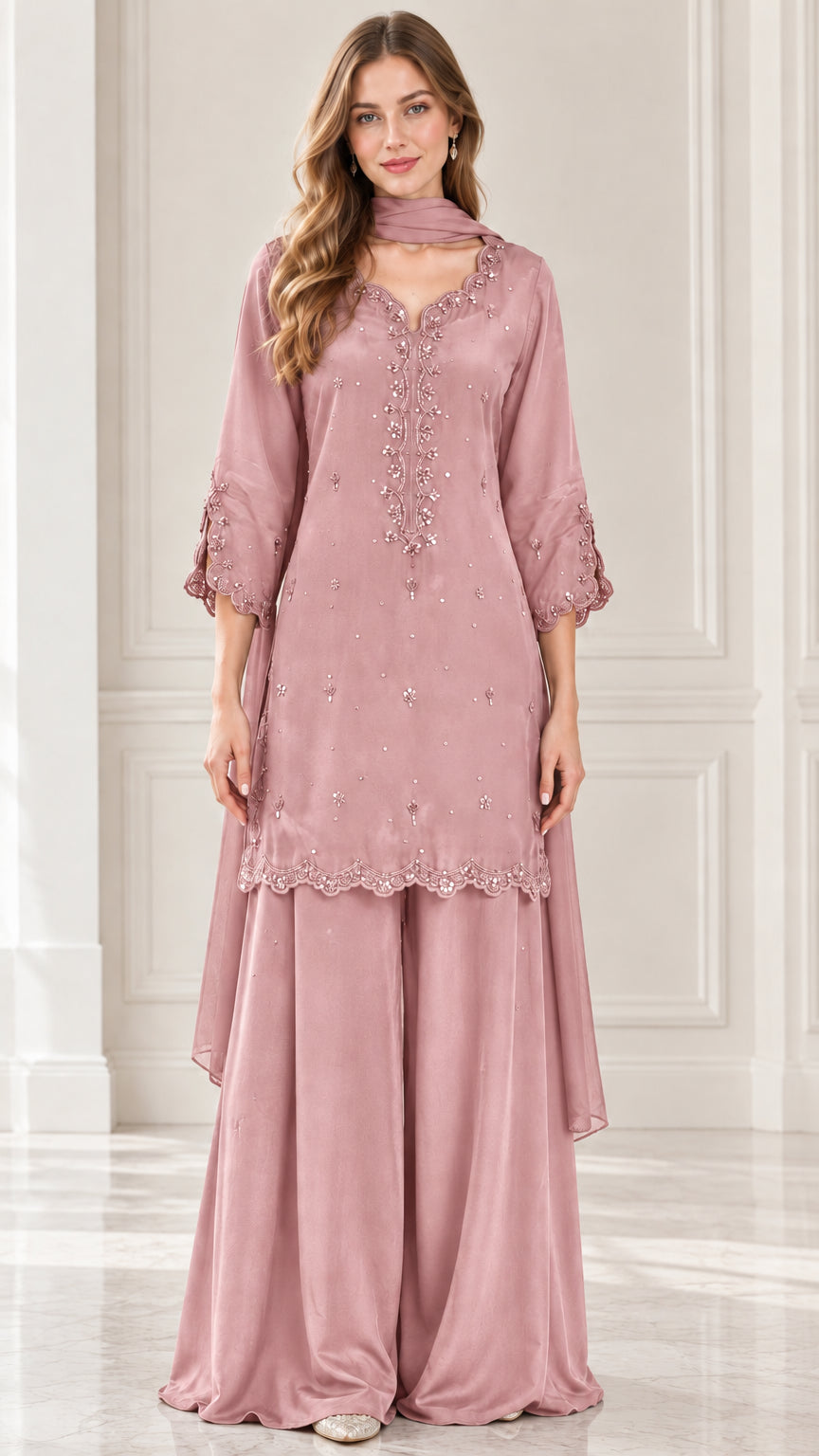 Full-length front view of dusty rose embroidered kurti and wide-leg trousers suit set