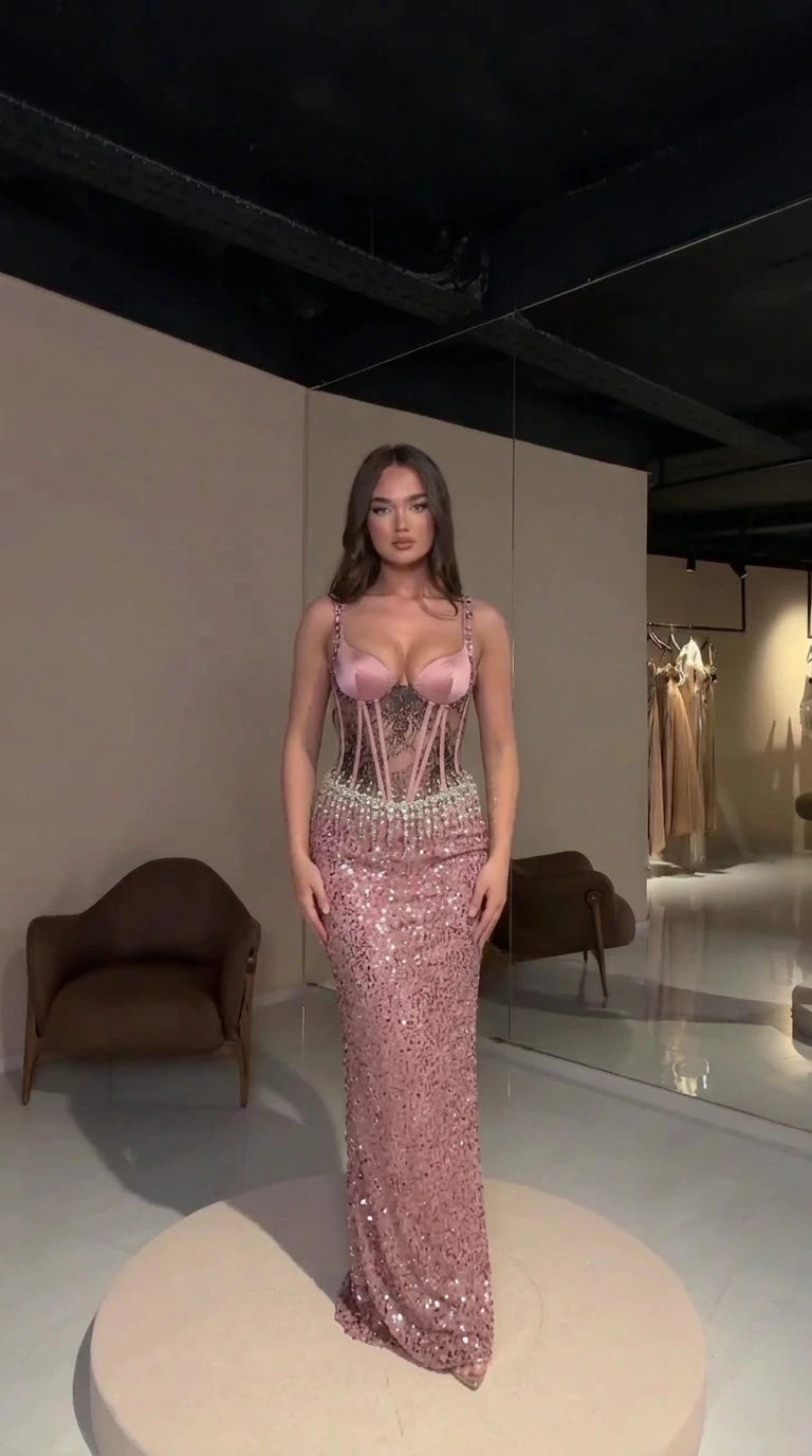 Blush pink lace corset beaded sequin formal maxi dress
