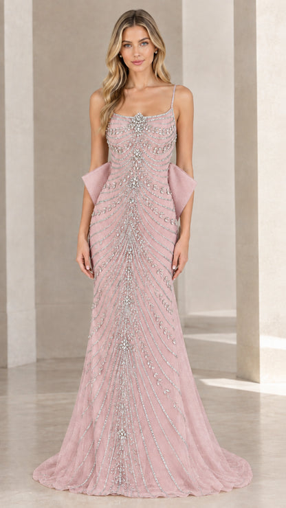 Front view of dusty pink beaded spaghetti strap formal gown with back bow accent