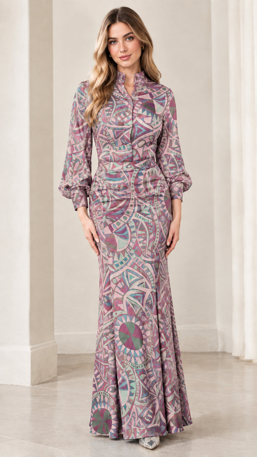 Model wearing mauve geometric print stand collar mermaid maxi dress