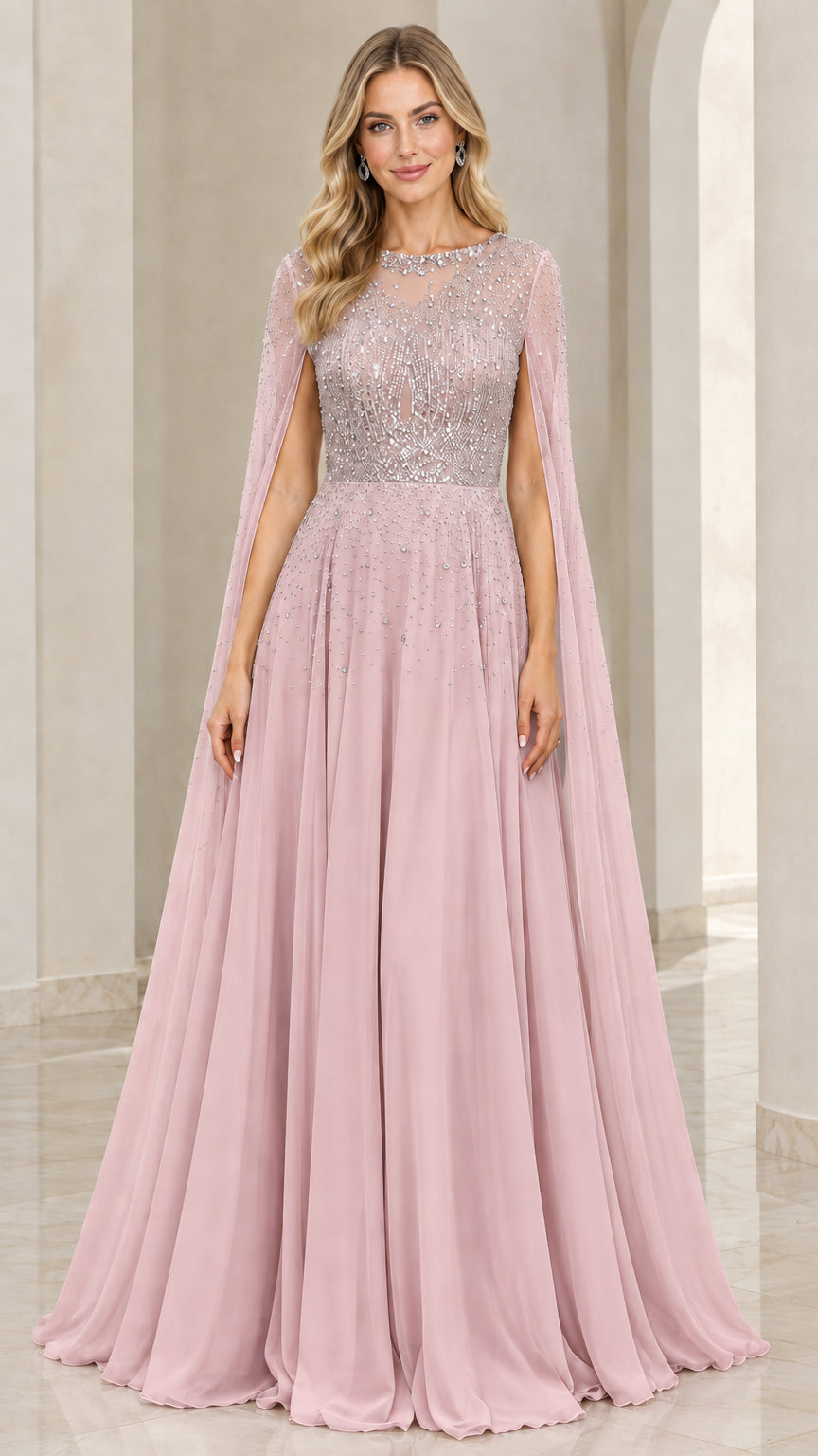 Full front view of Dusty Rose beaded cape evening gown