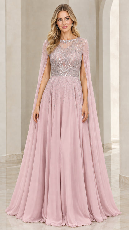 Full front view of Dusty Rose beaded cape evening gown