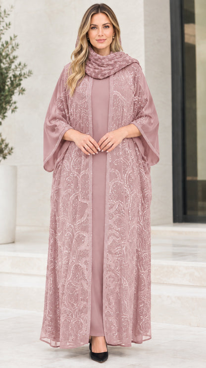 Model wearing dusty pink sequin open front abaya set with inner slip and hijab