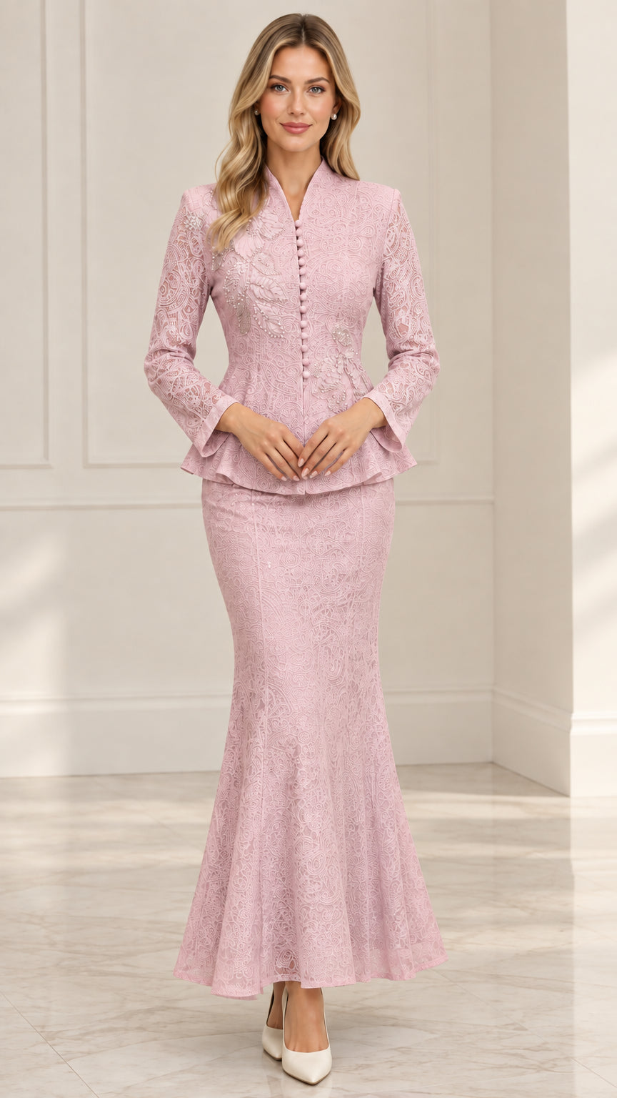 Front view of model wearing Dusty Pink lace peplum jacket and trumpet skirt formal set