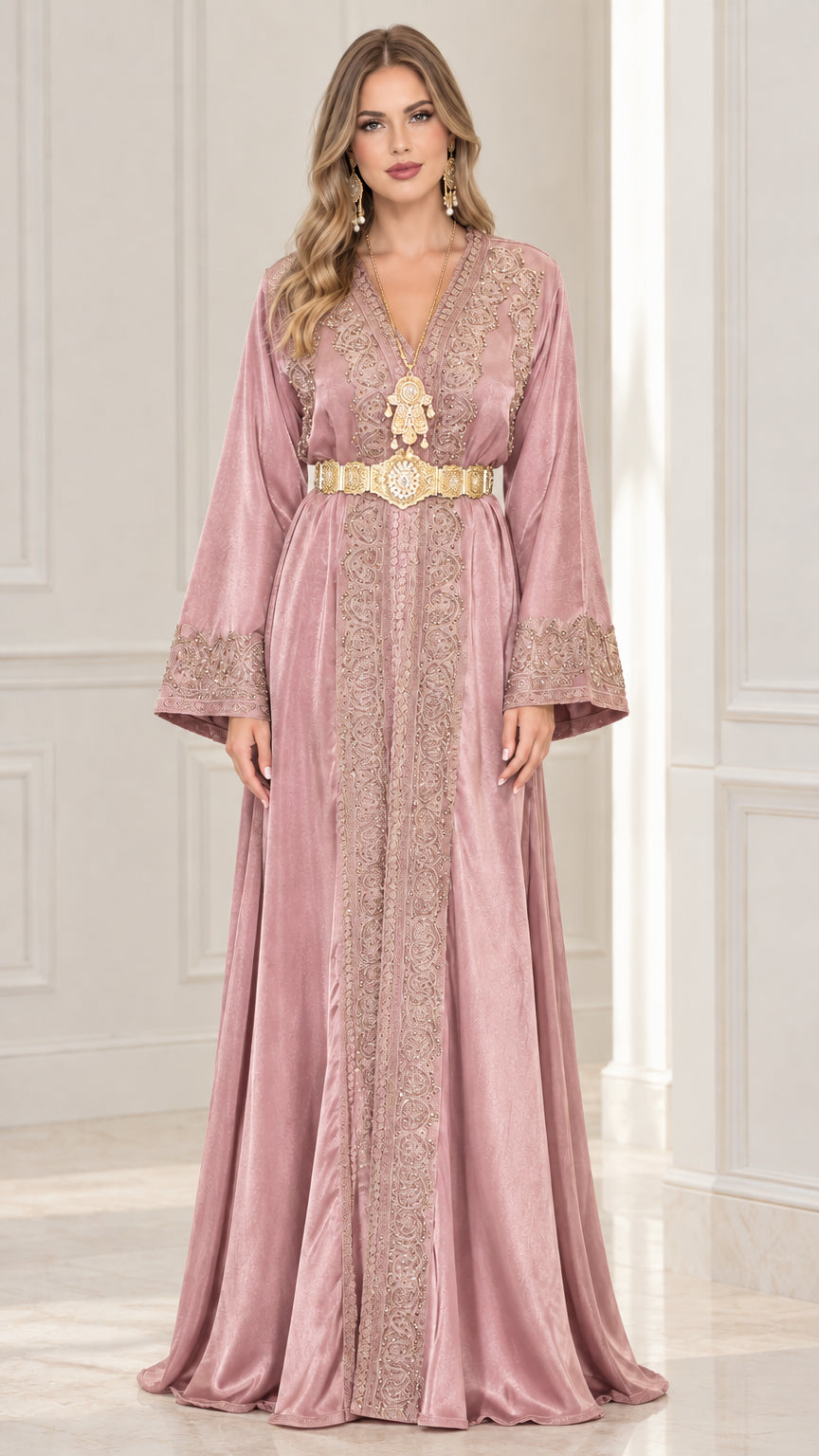 Front view of mauve pink embroidered satin kaftan maxi dress
