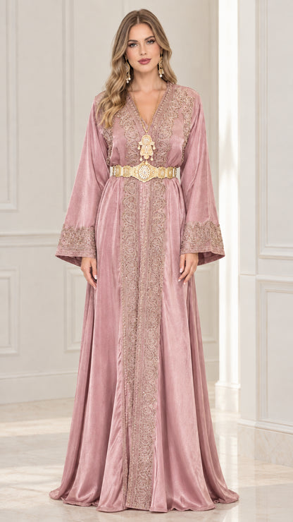 Front view of mauve pink embroidered satin kaftan maxi dress