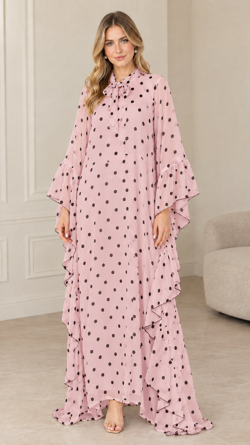 Full front view of dusty pink polka dot ruffle kaftan maxi dress