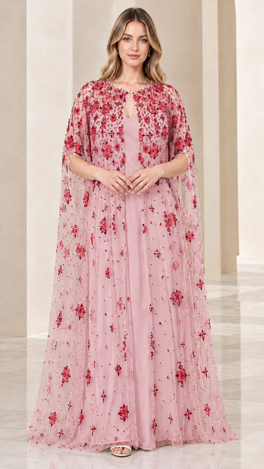 Dusty pink maxi formal dress with red sequin floral embellished cape overlay