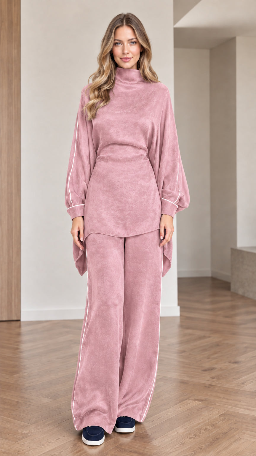 Front view of women wearing dusty pink mock neck tunic top and wide leg pants set