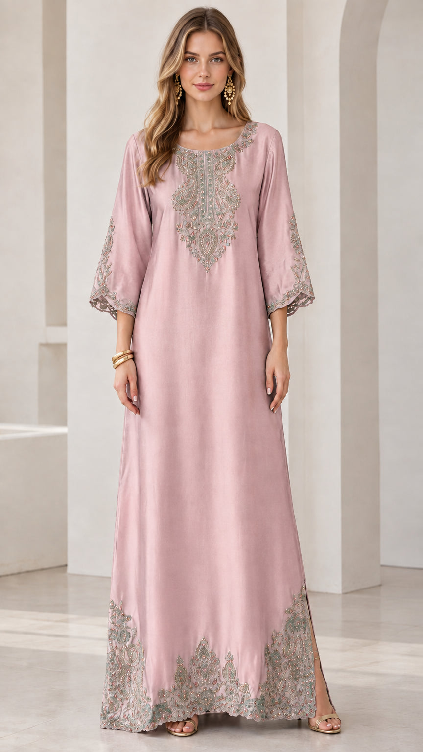 Dusty pink satin embroidered kaftan maxi dress on model