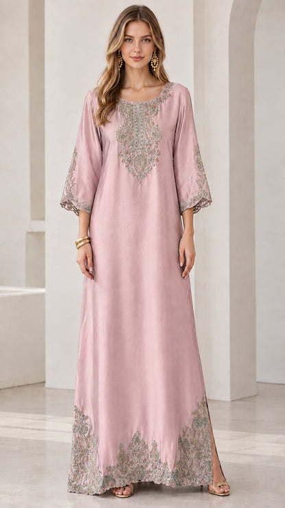 Dusty pink satin embroidered kaftan maxi dress on model