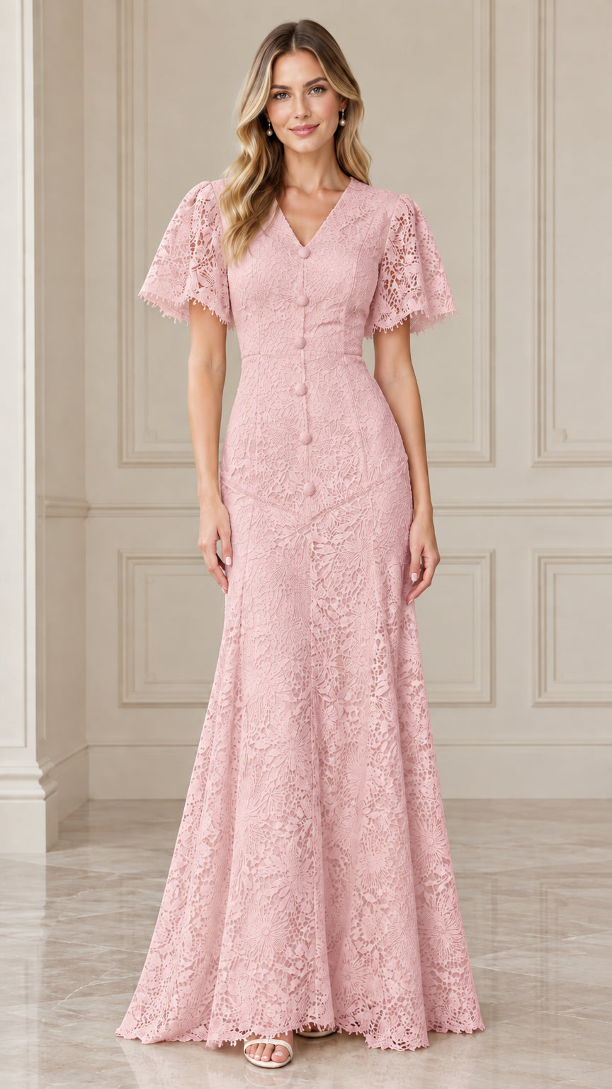 Front view of woman wearing blush pink floral lace mermaid maxi bridesmaid dress