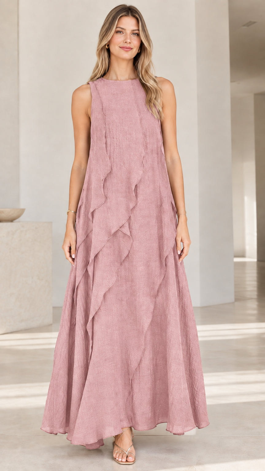 Full-length front view of woman wearing Dusty Pink sleeveless ruffle maxi dress