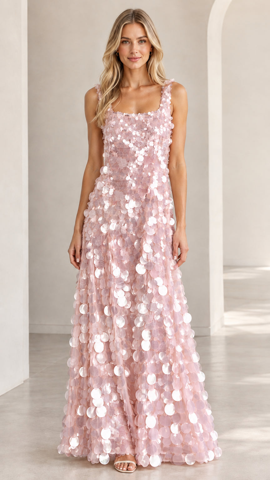 Front view of blush pink square neck sequin formal maxi dress