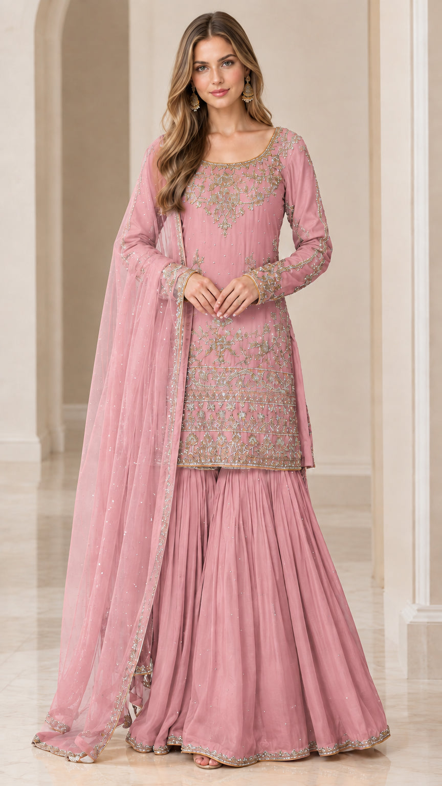 Dusty Pink 3-piece embroidered kurti and sharara set with embellished dupatta