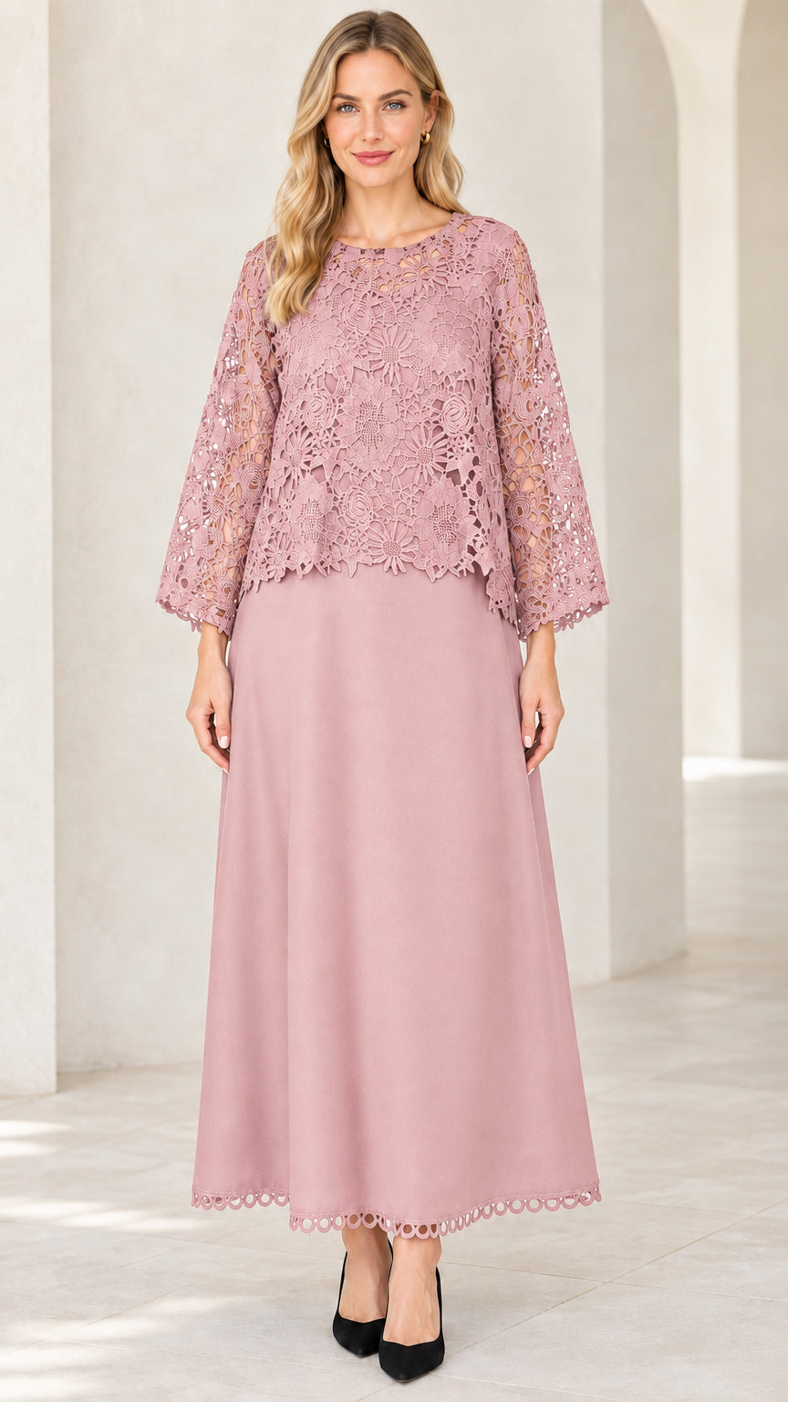 Front view of model wearing Dusty Rose floral lace overlay maxi dress