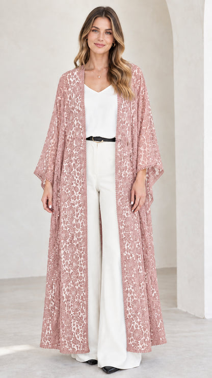 Model wearing dusty rose floral lace maxi kimono duster cardigan