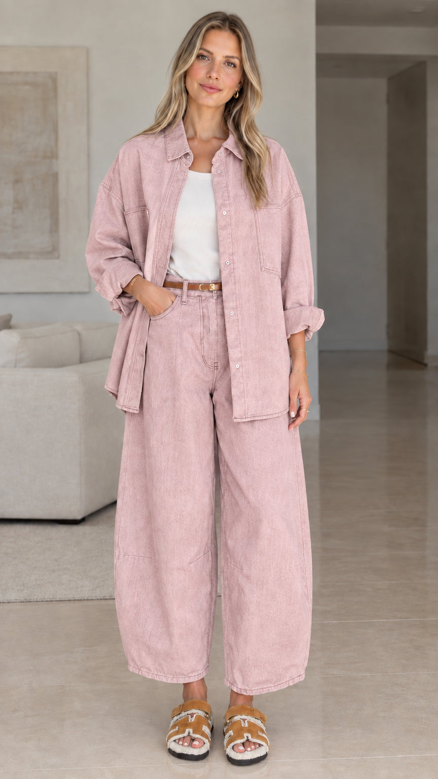 Women's washed matching shacket and wide-leg trousers set in dusty pink