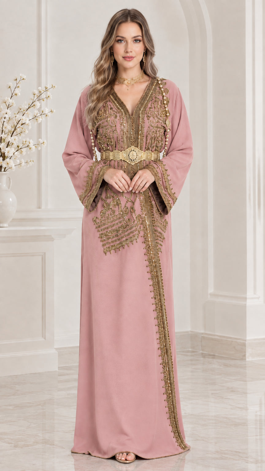 Dusty Pink embroidered Moroccan kaftan maxi dress with ornate gold belt