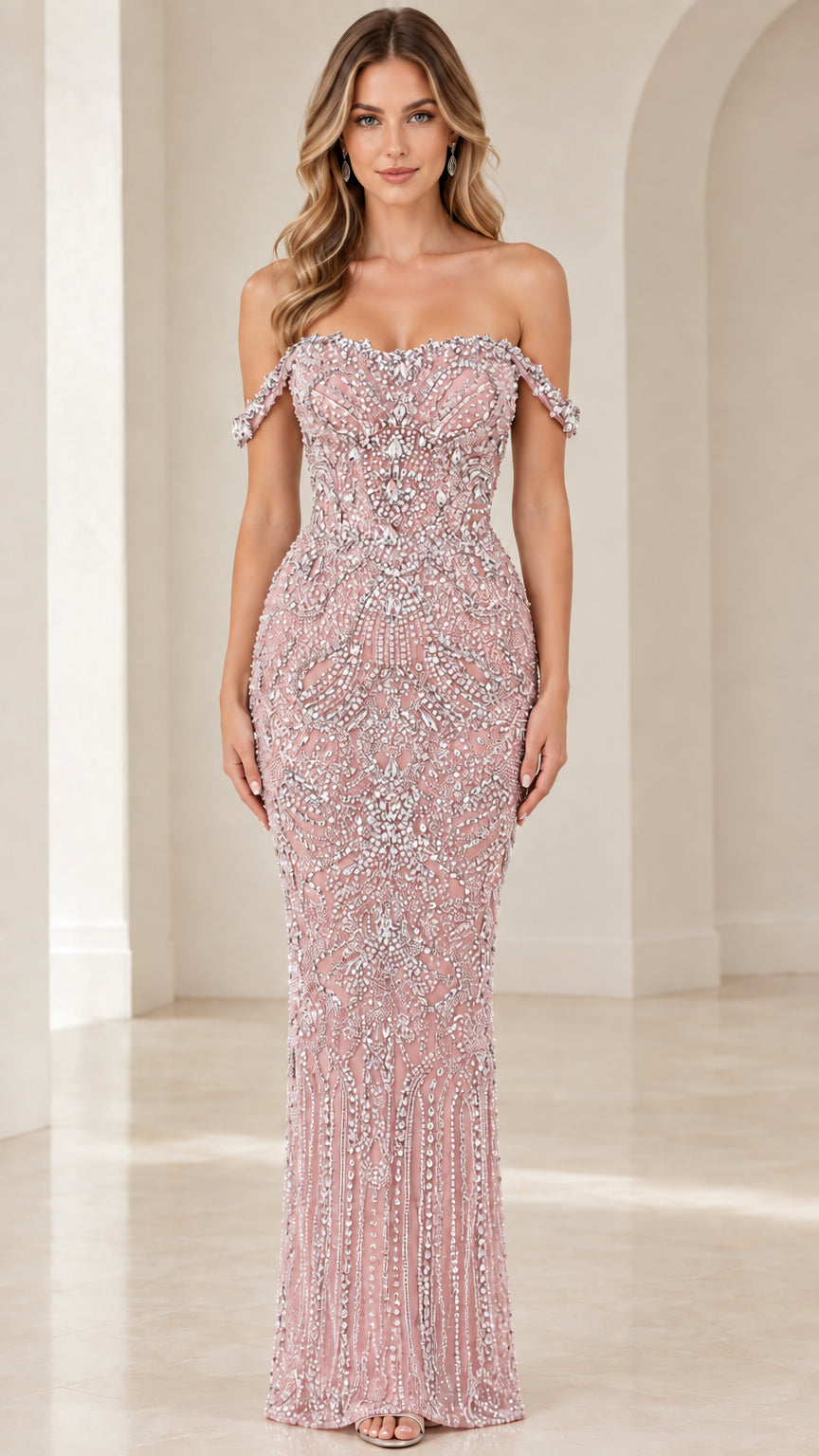 Full front view of Blush Pink off-the-shoulder beaded column formal dress