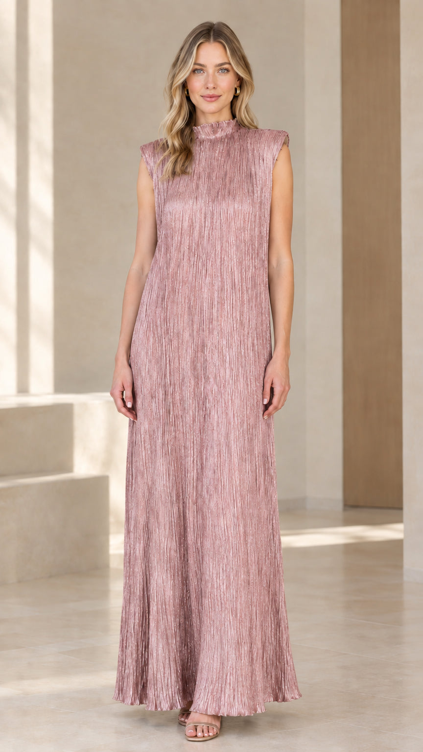 Blush pink sleeveless pleated mock neck maxi dress