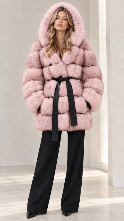 Full front view of Blush Pink hooded faux fur coat with black contrast belt