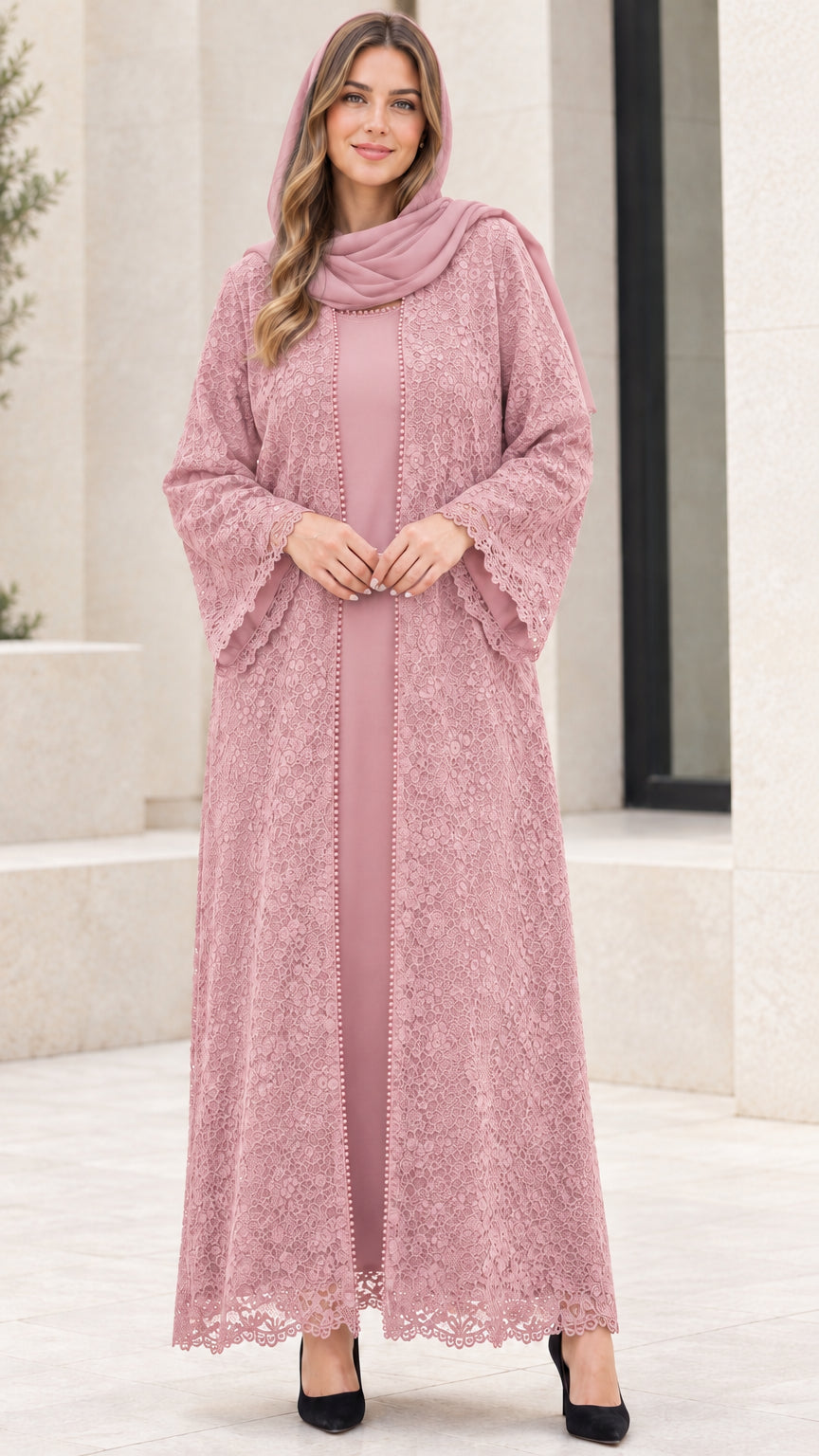 Women's dusty pink floral lace abaya set with coordinating headscarf