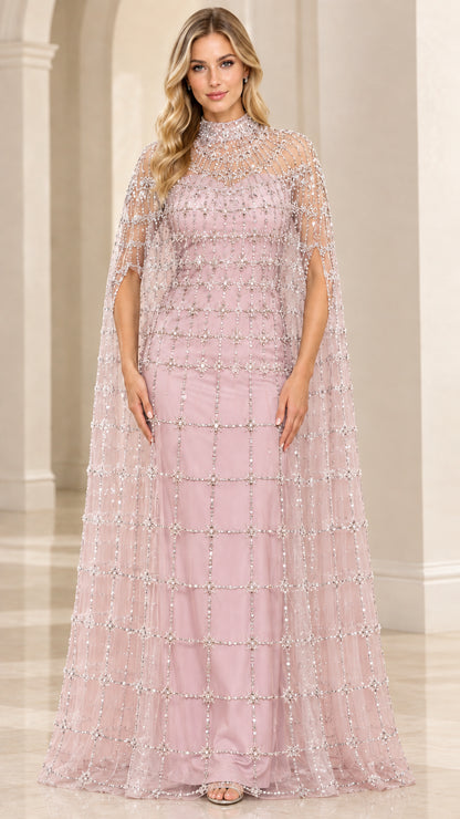 Dusty pink formal column gown with sparkling beaded sheer cape