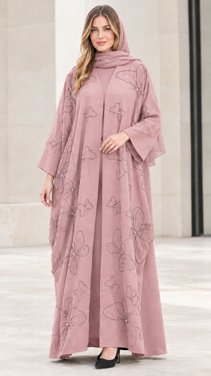 Front view of dusty rose pink beaded butterfly abaya set with matching scarf